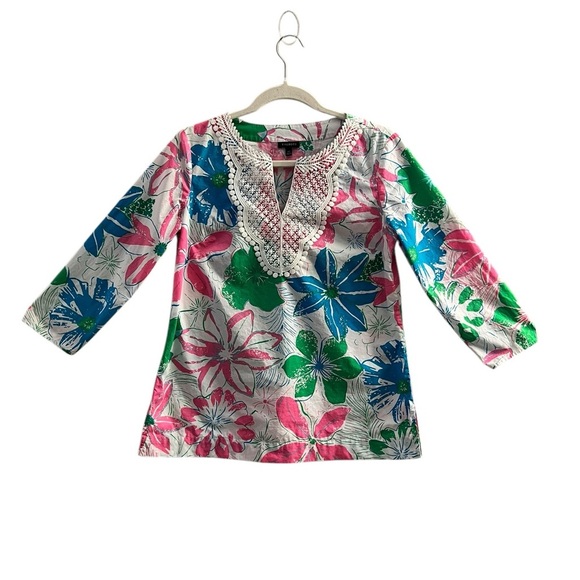 Tropical Floral Hawiian Tunic V-Neck light Cotton 3/4 sleeve. Talbots - Picture 2 of 8